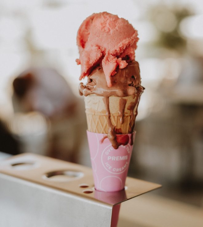 Double scoop cone with strawberry and chocolate gelato