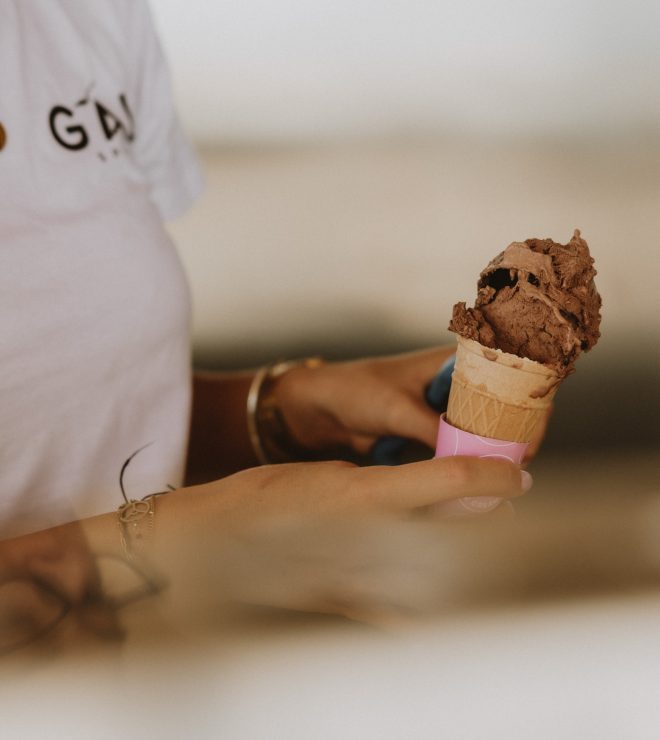 Hand holding a chocolate ice cream cone at GAL Split
