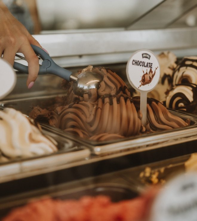 Chocolate gelato being scooped from the display at Gal Split