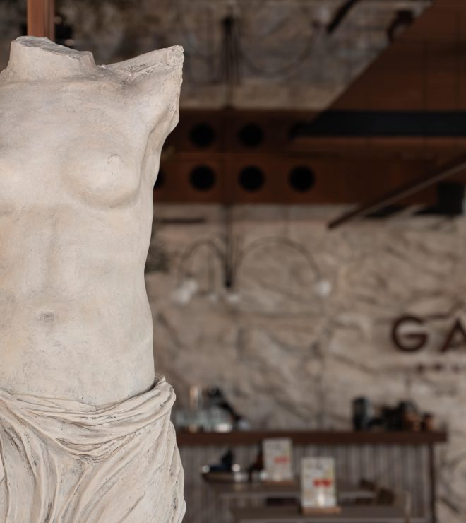 Close-up of marble-style statue inside GAL Split café